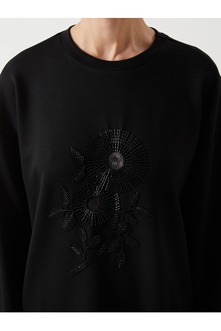 Lcwaıkıkı Classic Siyah Bisiklet Yaka Boncuk İşlemeli Kadın Sweatshirt Tunik