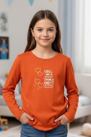 Yuvarlak Yaka Girls Baskı Detaylı Kız Çocuk Sweatshirt Turuncu