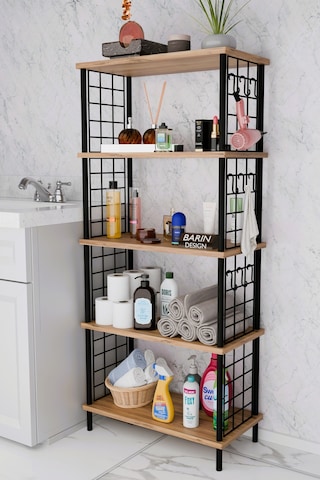 5 Raflı Çevir-kur Raf Ünitesi Telli Metal Gövdeli Organizer Banyo, Mutfak, Balkon, Antre Uyumlu Atlantik Çam