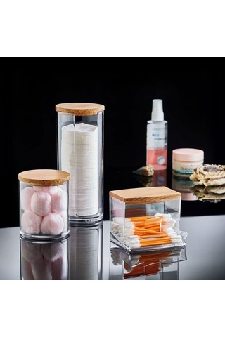 Ahşap Görünümlü Kapak 3&apos Lü Organizer Set, Modern Pamukluk Düzenleyici Şık 3&apos Lü Pamukluk Set - Şık Ve Fonksiyonel Ahşap Görünümlü Kapaklı - Mutfak Ve Banyonuzu Düzenleyin 000 Açık Krem