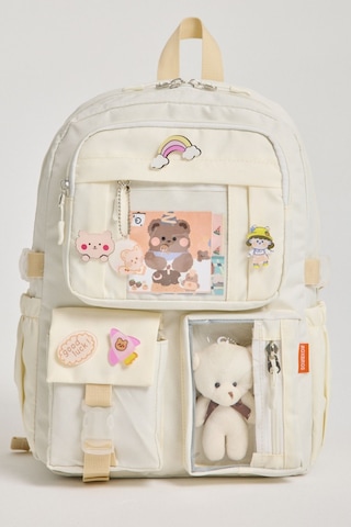 Kawaii Kore Tarzı Aksesuarlı 3'lü Set Çocuk İlkokul Çantası Kalemlikli Beslenme Çantalı Sırt Çantası Krem