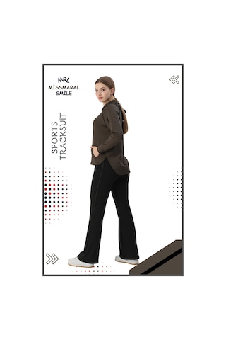 Kadın Spor Eşofman Takım İspanyol Paça Çift Cepli Alt &kapüşonlu Kanguru Cepli Üst Haki Rengi 3053 Haki