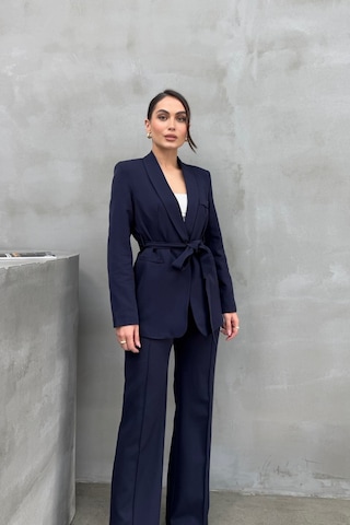 Msm Fashion Kadın İkili Kuşaklı Blazer Ceket Pantolon Takım Lacivert