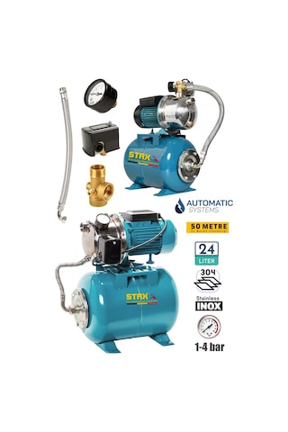 Staxx 24ltje Yüksek Basınçlı Ev Tipi Paket Hidrofor Tank Seti 3-4 Bar Paslanmaz Gövdeli Jet 1.5 Hp