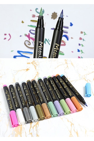 Youmex 10 Renkli Metalik Su Bazlı Yumuşak Uçlu Kalem Seti - Dıy Albüm Ve Dekoratif İşaretleme İçin 2mm Kalınlık Gümüş