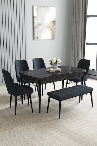 Loft Siyah Mermer 80x132 Açılabilir Mdf Masa Yemek Odası Takımı, Mutfak Takımı 4 Sandalye, 1 Bench Antrasit