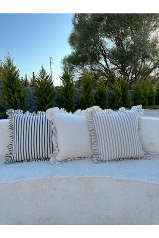 Yıkanmış Keten Bej Çizgili Bohem Fırfırlı Kırlent Kılıfı - Gri