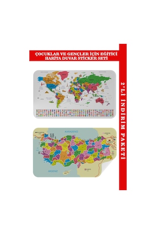 Eğitici - Öğretici Dünya Ve Türkiye Haritası Çocuk Odası Duvar Sticker-60x105-3885 Çok Renkli