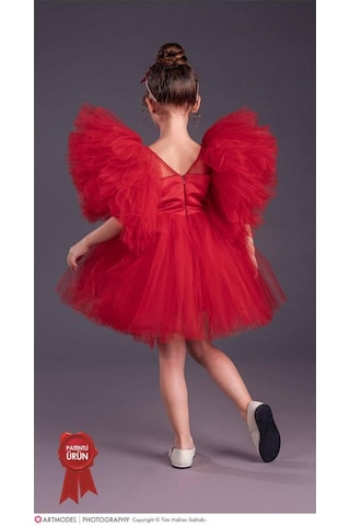 Kız Çocuk Tütü Etekli Kabarık Kollu Komotini Taçlı Abiye Elbise Kırmızı 1662 Kırmızı