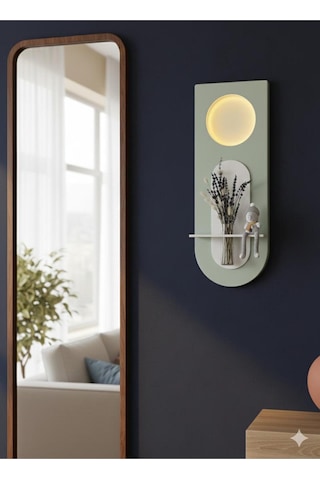 Mimoza Dekoratif Duvar Rafı Led Işıklı Ahşap İskandinav Tarzı Modern Salon Duvar Rafı Çiçeklik 30x80 Cm Yeşil - Paris Grisi