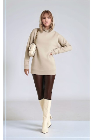 Mamayaga Kadın 3 İplik Kalın Kapüşonlu Oversize Curve Kalıp Uzun Kol Sweatshirt Kazak Bej