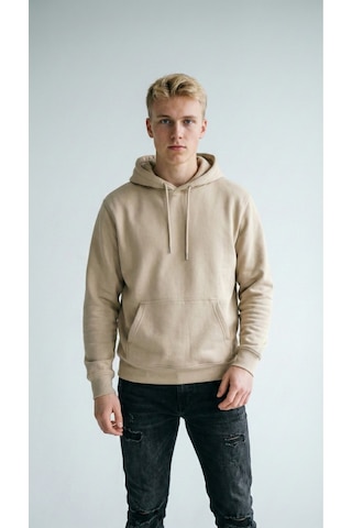 Hoxie Unisex Rahat Kesim Pamuklu Yumuşak Dokulu İçi Polarlı Basic Desenli Kapüşonlu Sweatshirt Bej