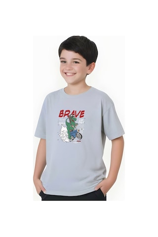 Panios Kids Brave Baskılı Erkek Çocuk Kısa Kollu Tişört Gri