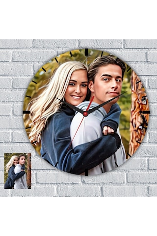 Kişiye Özel Fotoğraflı Cam Duvar Saati Sevgililere Özel Hediye Beyaz