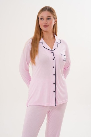 Mecit Pijama Mecit 6307 Pembe Boydan Düğmeli Kadın Pijama Takımı Pembe