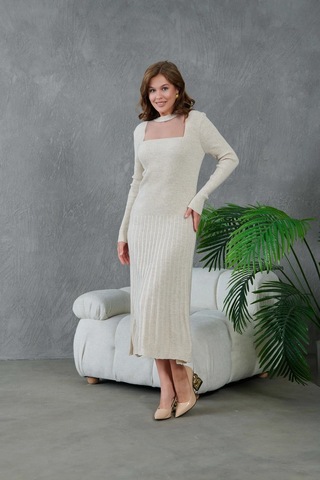 Kadın Bisiklet Yaka Tül Detay Maksi Boy Fitilli Triko Elbise Taş