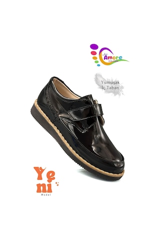 Sermoda Lil Amore Cırt Cırtlı Erkek Çocuk Ayakkabısı Okul & Sünnet Düğünü İçin Klasik Model Rugan Siyah