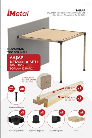 Sarar Duvardan Tek Bölümlü Pergola Seti Ahşaplar Ve Tente Dahil