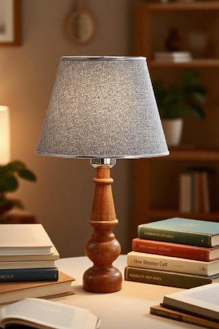 Ahşap Gövdeli Kumaş Başlıklı Dekoratif Abajur Masa Lambası Aydınlatma Lamba Gri