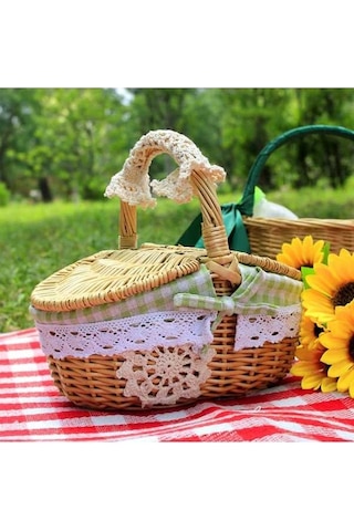 Dancemonkey Cbtx Keten Hasır Battaniye, Yeşil Izgara Kapaklı Piknik Sepeti, M Boyutu Ahşap