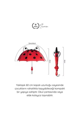 Svein Şemsiye Kaliteli Çocuk Şemsiyesi Uğurböceği Desenli Güvenlik Düdüklü Rüzgara Dayanıklı Hafif Çocuk Kırmızı
