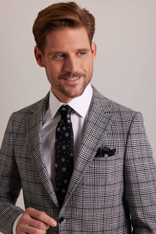 Erkek Gri Kışlık Yünlü Regular Fit Ekose Desenli Tek Ceket 001