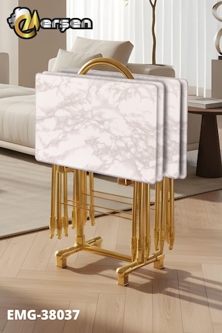 Eranş Serisi 4'lü Katlanır Mdf Mebran Ahşap Çanta Zigon Sehpa Gold Ayak Beyaz Mermer Desen Gold Ayak