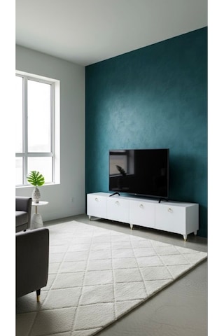 Modern Mobilya Belçika Tv Ünitesi Tv Sehpası Ayaklı 4 Kapaklı Beyaz 240 Cm Beyaz