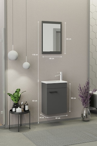 Biani Fix Arya Mini 42 Cm Banyo Dolabı,Seramik Lavabolu, Aynalı,Lavabo Dahil,Mdf,Mat Gri