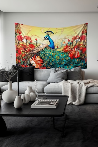 Tavus Kuşu Desenli Duvar Halısı Duvar Örtüsü Tapestry Süet Dokulu Kumaş