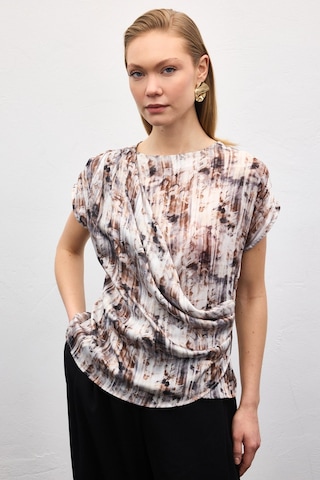 Sateen Pileli Kolsuz Bluz - Kahve-136863 kahve
