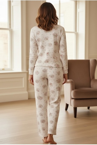 Siyah İnci Yumuşak Tuşe Kışlık Fitilli Pamuklu Örme Pijama Takım 7956 Pembe Büyük Çiçek