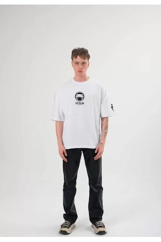 Modi Unisex Bisiklet Yaka Baskılı Oversize T-shirt - Beyaz - Mymg108584
