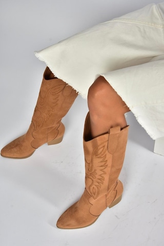 Fox Shoes V820356002 Taba Süet Kalın Topuklu Kadın Çizme Taba