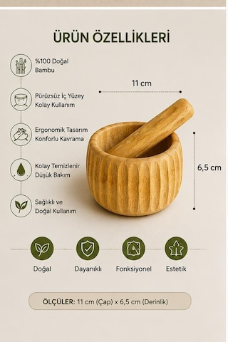 Doğal Bambu Çizgili Havan Ve Tokmak Seti 11x6.5 Cm - Sarımsak Baharat Ezici Ve Öğütücü Ahşap Havan Takımı