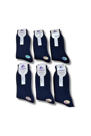 Erkek Saf Yün Kışlık Orta Kalınlıkta Dikişsiz 6 Çift Kendinden Çizgili Çorap Lacivert Gri