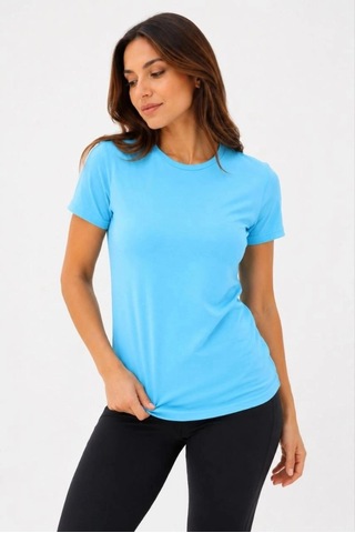 Freedom Storee Kadın Basic Tişört Bisiklet Yaka Kısa Kol Günlük Yazlık Slim Fit T-shirt - Turkuaz Çok Renkli