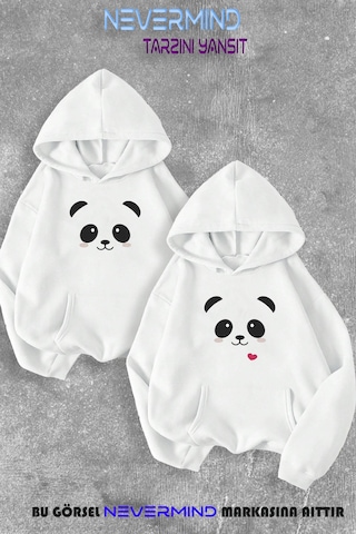 Nevermind Sevgili Çift Kombini Panda Baskılı Kapüşonlu Sweatshirt 2li Set T Beyaz
