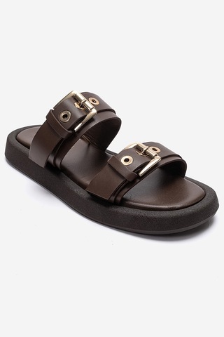 Luvishoes Dorel Kahverengi Hakiki Deri Tokalı Kadın Terlik