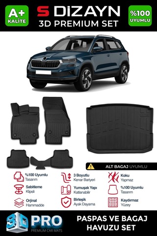 S-dizayn Skoda Karoq 3d Pro Havuzlu Paspas Ve Alt Bagaj Havuzu Seti 2'li Set 2018 Üzeri A+ Kalite