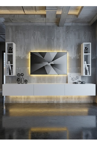 Resital Ledli Duvara Monte Tv Sehpası - Beyaz - W6007-1 Beyaz