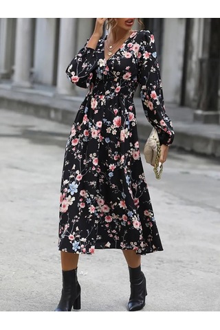 Kadın Uzun Kollu Kruvaze Yaka Beli Lastikli Yandan Yırtmaçlı Desenli Dalgıç Elbise Desenli