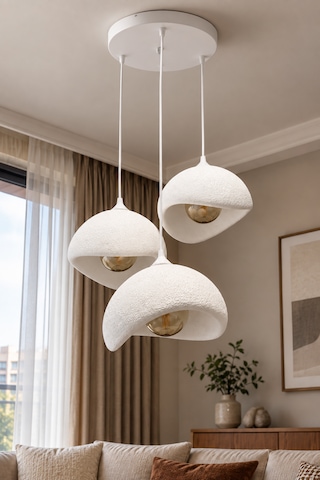 Beton Görünümlü 3'lü Sarkıt Avize Bohem Modern Salon Yemek Masası 3 Rustik Led Ampul Hediyeli Beyaz