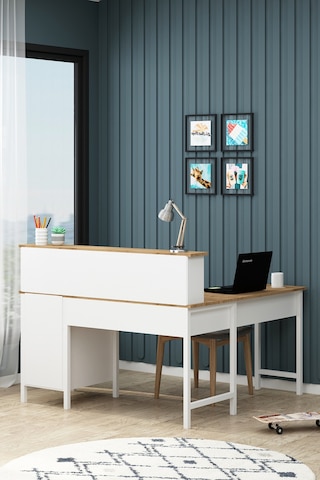 Remy Çalışma Masası Raflı L Köşe Bilgisayar Ofis Masası Sepet-beyaz Sepet-beyaz