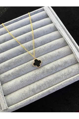 Ulaş Aksesuar Siyah Sedef Yonca Gold Zincir Kararmaz Paslanmaz Kadın Kolye Gold