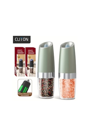 Topshop1 2 Adet Yeşil Plastik Gövdeli Yerçekimi Aktifli Elektrikli Tuz Karabiber Değirmeni Otomatik Öğütme Led Işıklı Ahşap