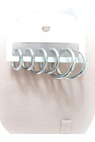 Çelik Küpe 3'lü Zirkon Taşlı Yuvarlak Halka Model Küpe 2 Mm Kalınlık Gümüş Silver Gümüş