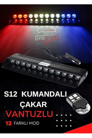 S12 Cam İçi Profesyonel İkaz Lambası Vantuzlu, Çakmaklık Girişli, Kumandalı, 3 Renk Kırmızı-mavi-beyaz