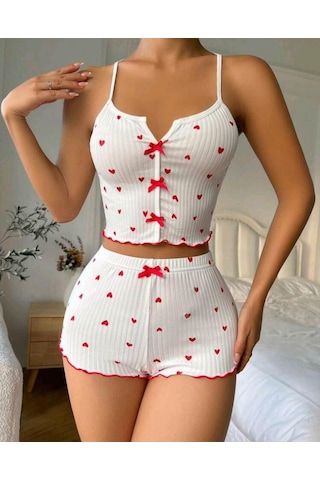 Beyaz Fiyonk Desenli Kalpli Askılı Şortlu Pijama Takım Beyaz