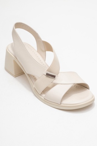 Luvishoes Crına Ekru Hakiki Deri Lastikli Kadın Kalın Topuklu Sandalet Ekru